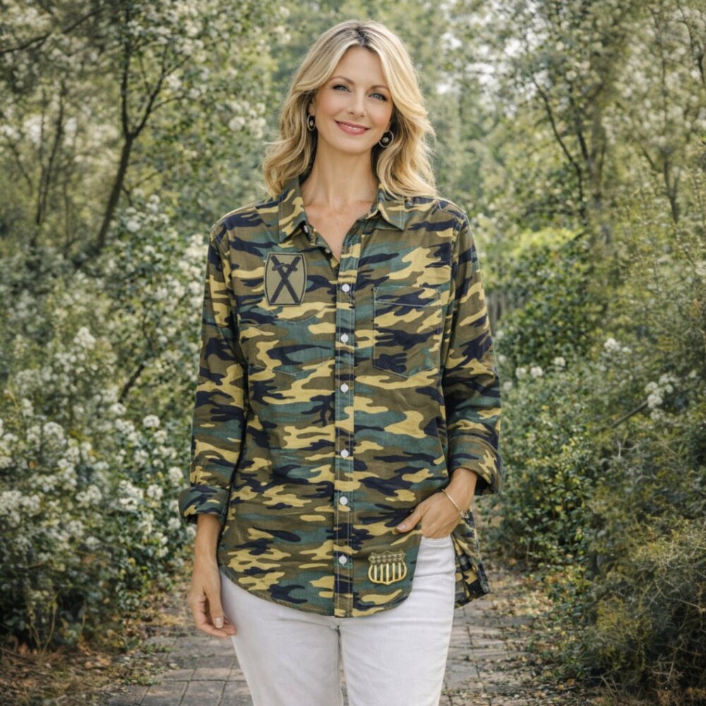 Distressed Hem Camo Button Shirt Military Patch Embellishment XL